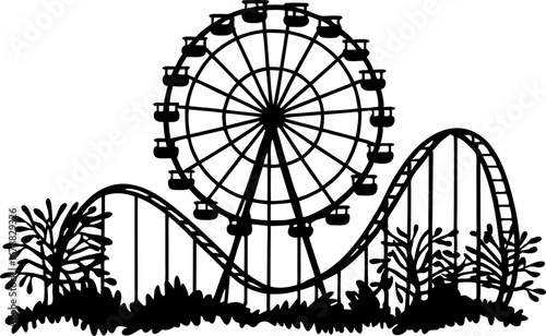 Ferris wheel and roller coaster silhouette with plants amusement park ride elements, fun fairground attraction scene