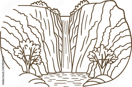 Majestic waterfall cascading down rocky cliffs with flowing water, surrounded by trees and lush vegetation