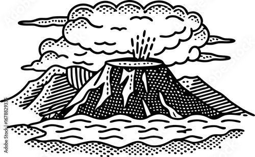 Erupting volcano with smoke and lava mountain landscape, ash cloud, geological nature force, hand drawn sketch illustration