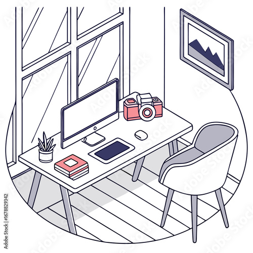 Isometric view of a desk with a computer camera tablet book plant and chair near a window and a picture