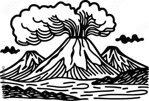 active volcano erupting with smoke cloud mountains landscape, hand drawn black and white illustration, natural disaster