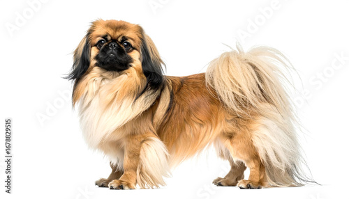 Pekingese dog standing calmly with fluffy tail on white background
