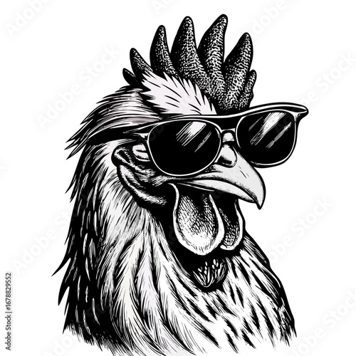 Cool Rooster Wearing Sunglasses, Black and White Illustration