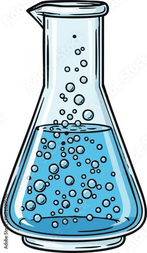 Illustration of a clear glass erlenmeyer flask filled with a blue liquid and bubbles inside