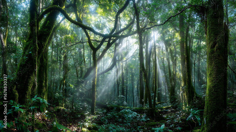 Fototapeta premium Sunlight streams through the dense trees in a lush green forest, illuminating the vibrant foliage and moss-covered trunks, creating a serene and enchanting atmosphere.
