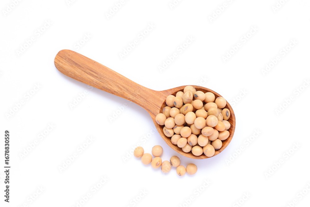 Soybean in spoon on white background, soy beans on white Soybean in spoon on white background, soy beans on white