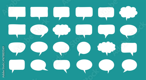 Collection of various white speech bubbles on a teal background, representing communication and dialogue.