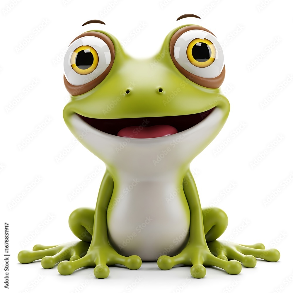 Fototapeta premium 3d illustration of a cute, cartoonstyle frog with big, bulging eyes and a wide, happy smile, isolated on a white background