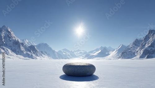 A smooth gray stone rests on a vast snowy landscape, mountains rise in the background under a bright blue sky