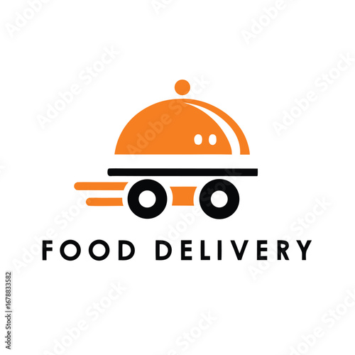 Food Delivery Icon, Serving Cloche on Wheels, Fast Service, Orange on White