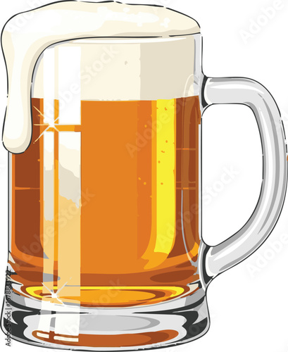 A full mug of beer with a large head of foam cascading down the side of the glass mug