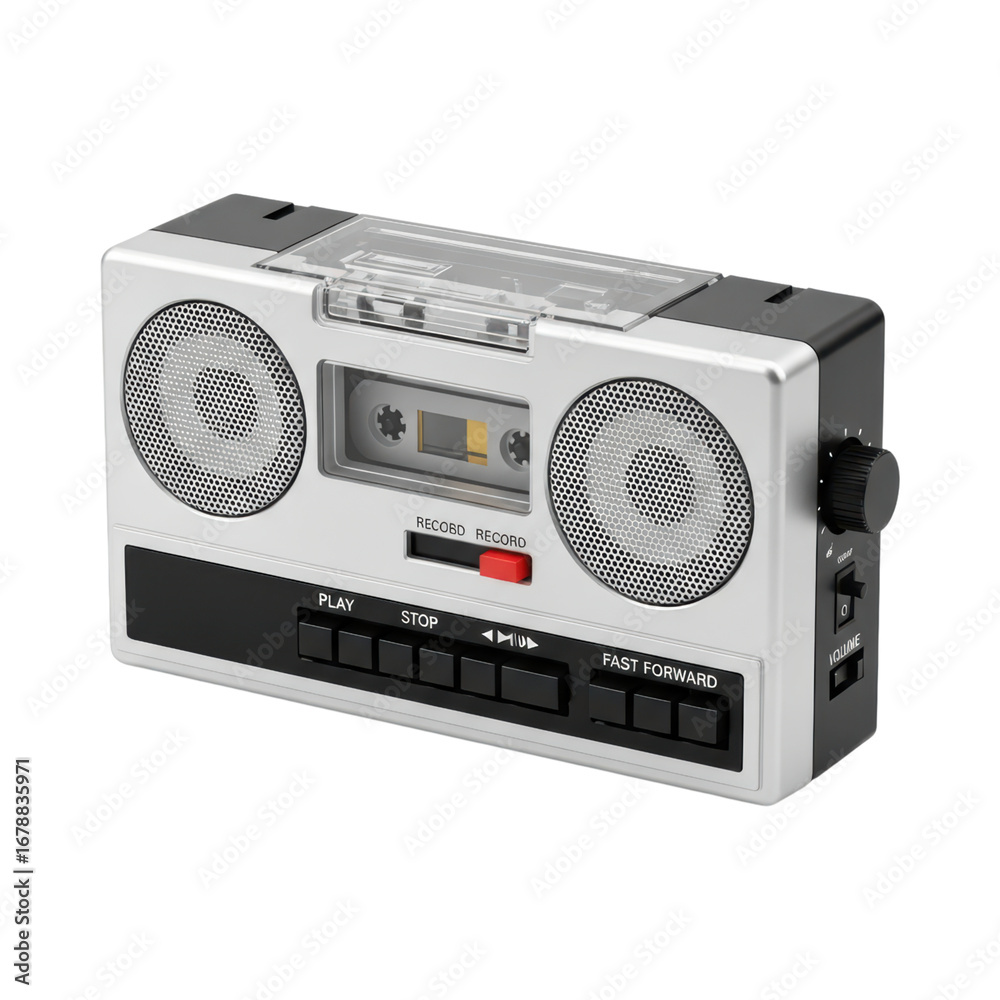 Fototapeta premium Retro portable cassette tape recorder with dual speakers and control buttons