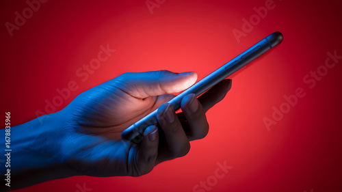 Close up of a hand holding a smartphone with a glowing screen against a vibrant red background