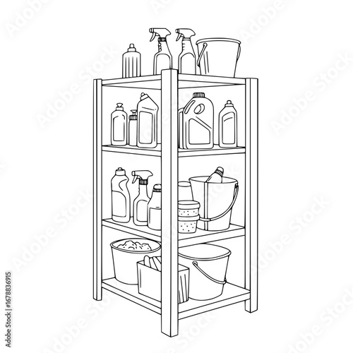 Shelf with cleaners vector: Cleaning supplies organized on a wooden shelf in simple design  