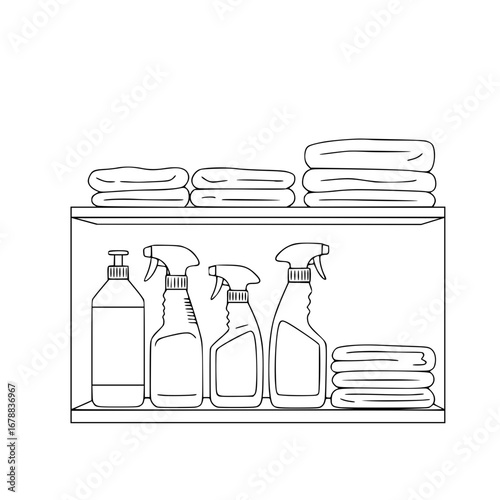 Shelf with cleaners vector: Cleaning supplies and towels neatly organized on a shelf  