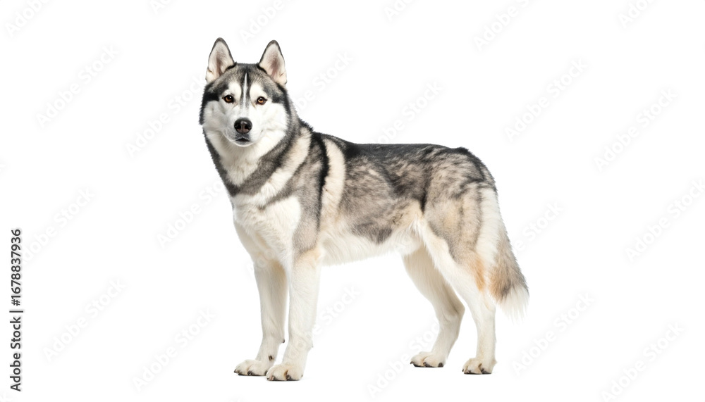 Fototapeta premium Siberian husky standing alert with gray and white fur on a plain background