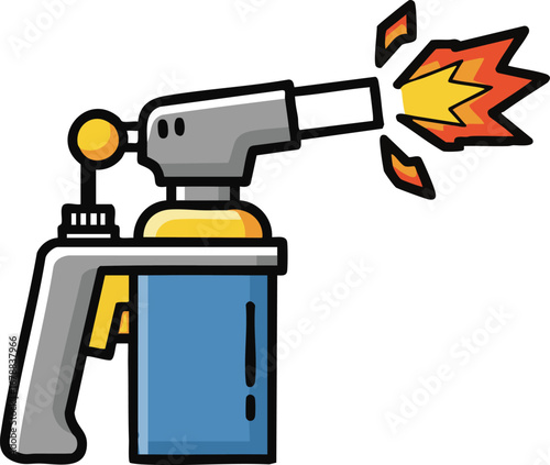 Illustration of a blowtorch with a blue canister and a gray handle emitting a flame effect