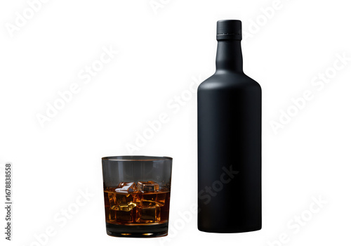 Dark liquor bottle and ice filled glass isolated on transparent background