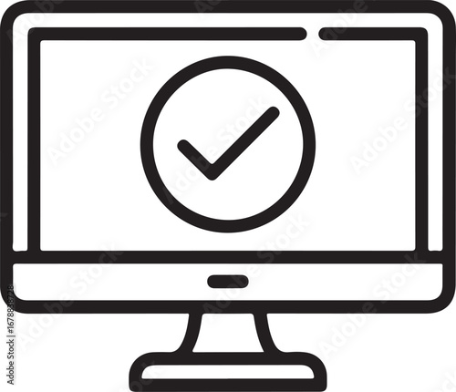 Computer monitor displaying a large checkmark inside a circle for approval or success