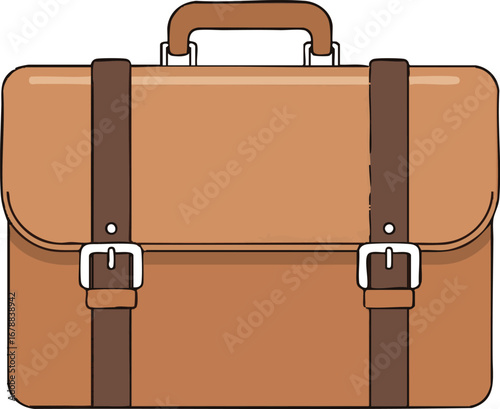 Illustration of a brown leather briefcase with straps and buckles on a white background