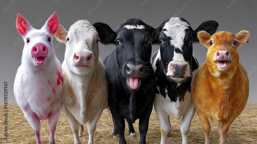 Fototapeta premium Group of animals, including cows and pigs, are standing next to each other. The cows are black and white, while the pigs are white. The animals are all smiling