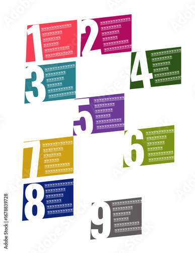 The Contents Page has 7 numbered items. Each number is placed inside a colorful, skewed box In front of each colorful skewed box, there is space for a description or title text related to that number.