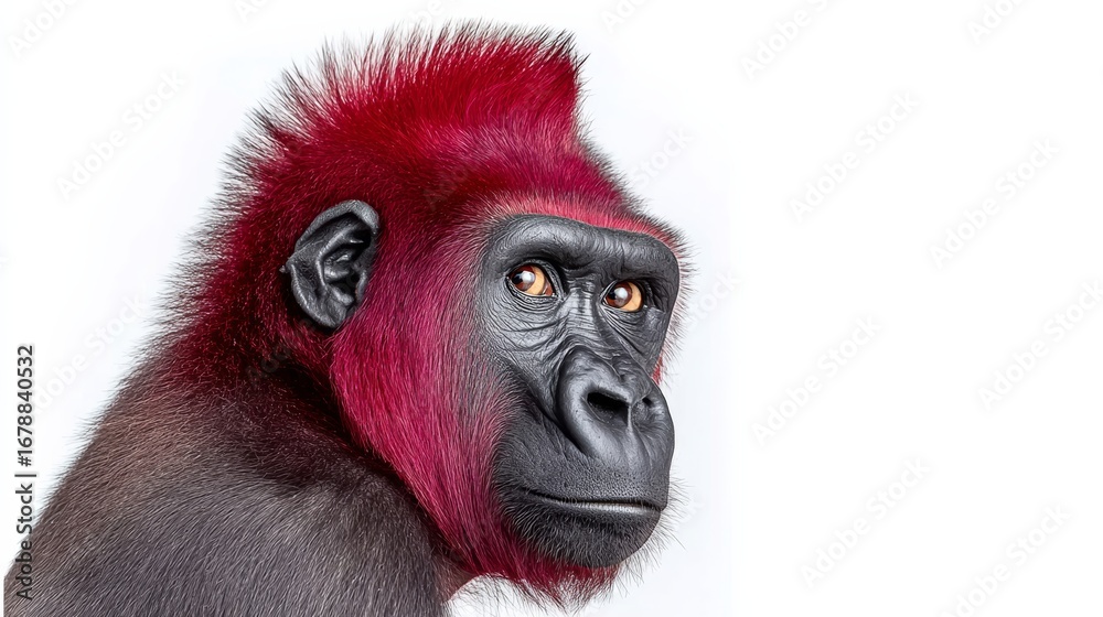 Fototapeta premium Monkey with red hair and a black face. The monkey is looking at the camera. The image has a playful and whimsical mood