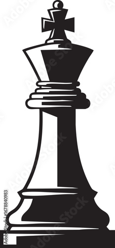 Illustration of a black chess king piece with a cross on top standing tall on a white background