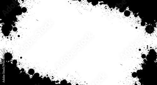 Black ink blots and splashes frame a white space, creating an abstract, textured background.