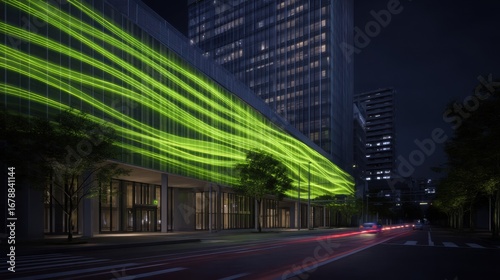 High Fidelity Visualization of Building with Abstract Green Light Effects at Night