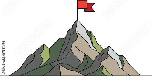 A mountain peak with a red flag at the top showing a symbol of success and achievement made simple