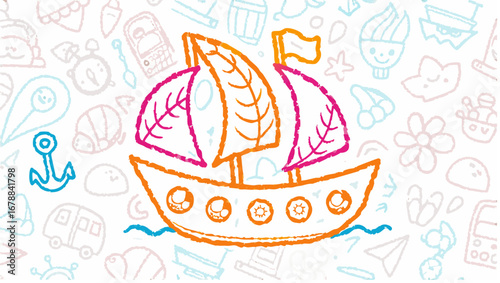 A whimsical crayon drawing of a sailboat with a flag sailing on a sea of pastel doodles and shapes