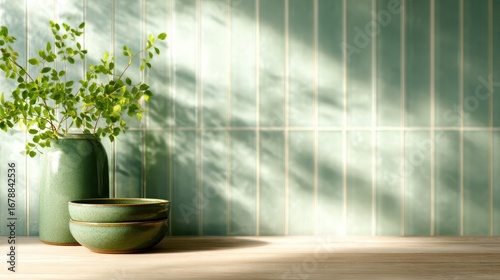 This image showcases a serene arrangement of green vases filled with fresh greenery, set against a textured teal tile background that enhances its calm aesthetic.