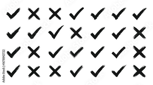 Brush stroke check and cross marks isolated on white background for voting, selection, approval, confirmation, and validation purposes