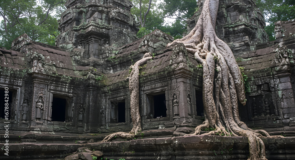 Naklejka premium Ancient Stone Temple with Tree Roots Growing Over Structure
