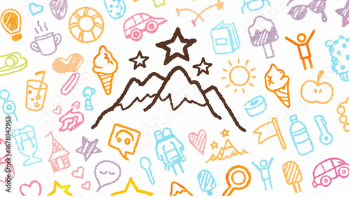 Hand drawn mountains with stars above surrounded by various cute colorful doodle elements scattered around