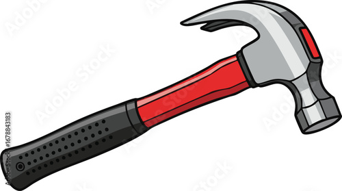 Illustration of a claw hammer with a gray head, red shaft, and black handle grip design
