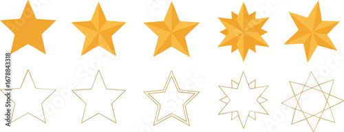 Collection of golden stars showing different styles and complexity for ratings or awards