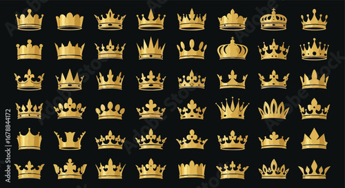 Collection of various golden crowns, displayed on a black background.