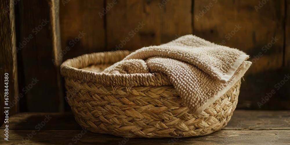 Obraz premium A woven basket filled with a soft, beige towel rests on a weathered wooden surface. The basket’s intricate weave is visible, and the towel is neatly folded within.