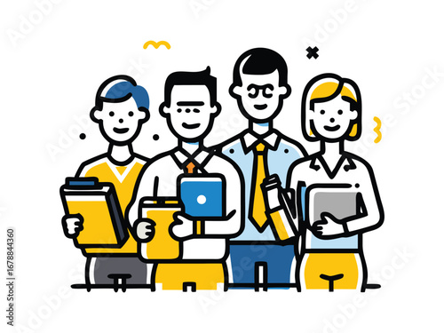 Business team discussion with laptop and documents illustration