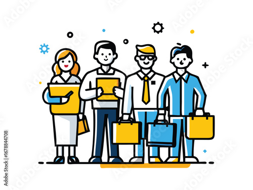 Business team discussion with laptop and documents illustration