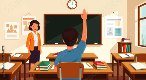 A student eagerly raises their hand to answer a question in a bright, welcoming classroom, demonstrating enthusiastic participation in learning.