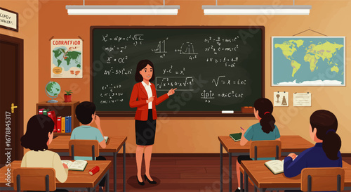 A confident female teacher enthusiastically explains complex mathematical equations to attentive students in a bright classroom.