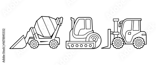 Construction vehicles lined up for a project at a building site during daylight