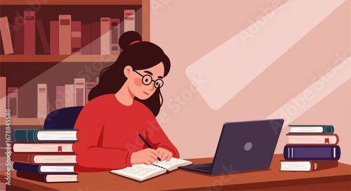 A focused young woman diligently writes in her notebook, working on her laptop in a sunlit library study, surrounded by stacks of books.