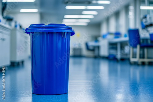 A bright blue waste container sits in a clean, well-lit lab, highlighting neatness and organization