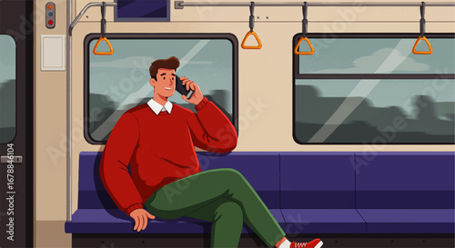 A smiling man sits on a subway car seat, casually talking on his smartphone during his commute, conveying a sense of calm urban travel.