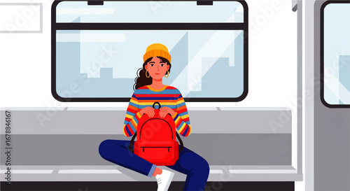 A young woman with a rainbow sweater sits calmly on a subway car seat, holding her red backpack, gazing serenely out the window at the cityscape.