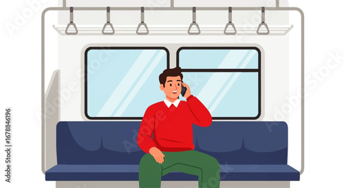 A smiling man in a red sweater happily chats on his smartphone while seated on a comfortable train during his commute.